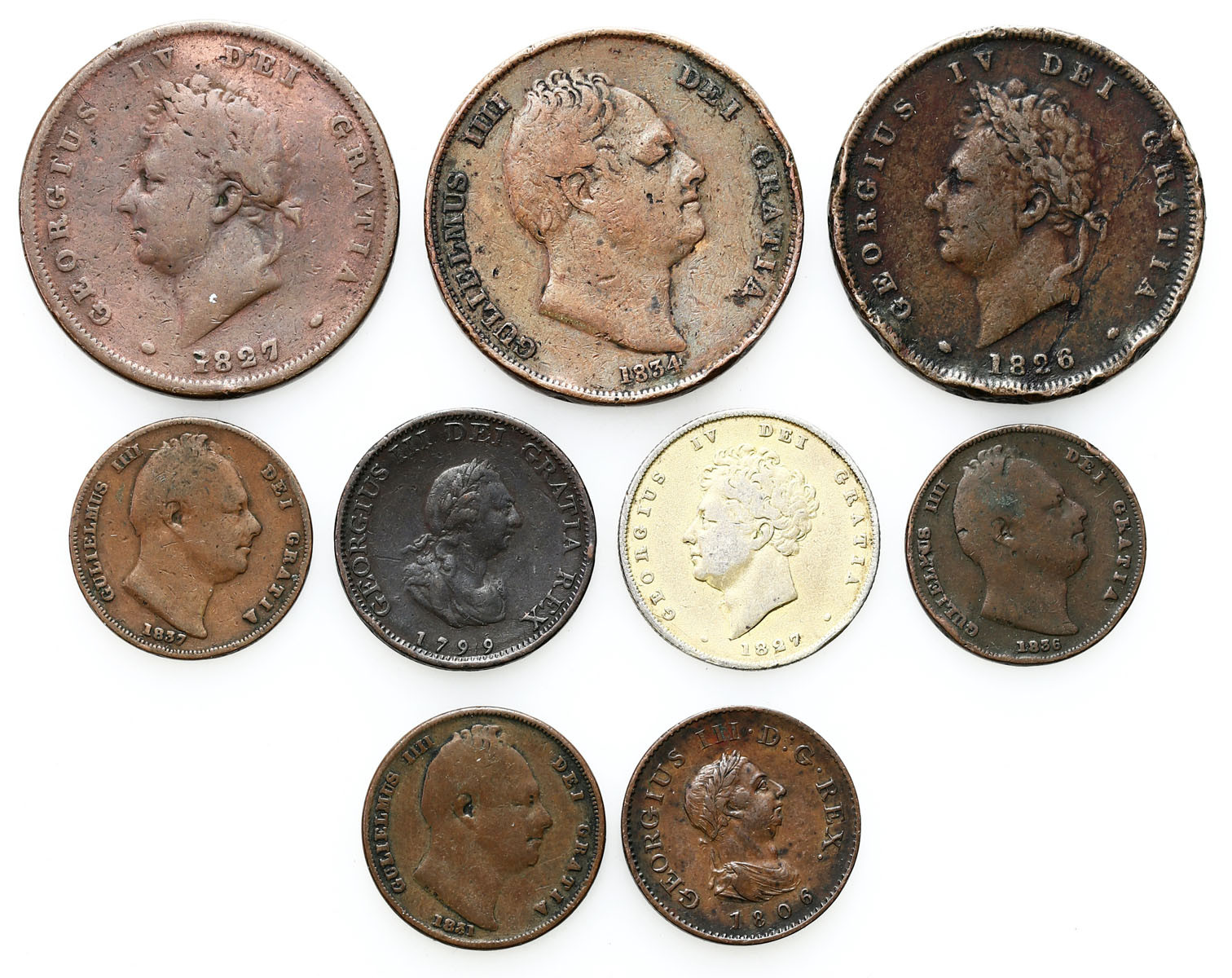 Wielka Brytania. George III (1760-1820) i George IV (1820-1830). Farthing do penny, zestaw 9 monet